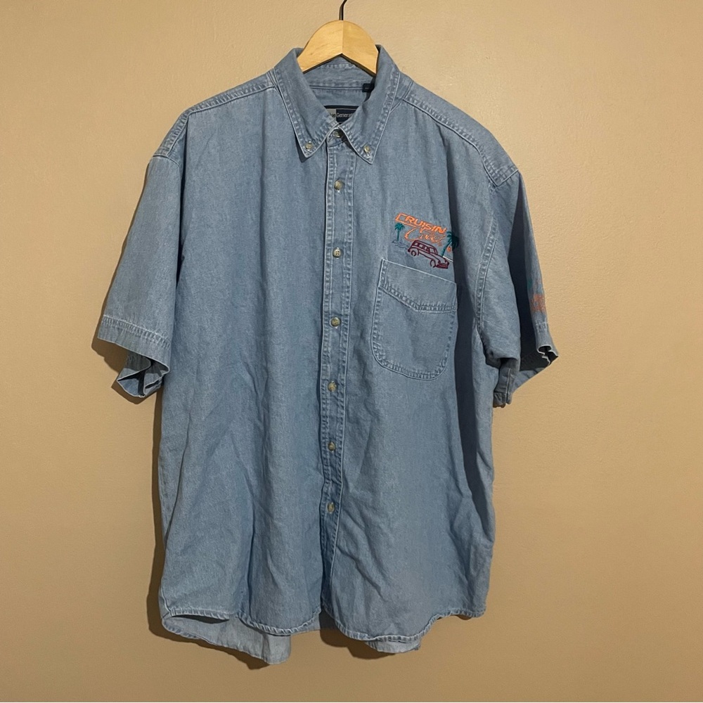 Blue Generation Embroidered Casual Short Sleeve Button Down Shirt in Denim